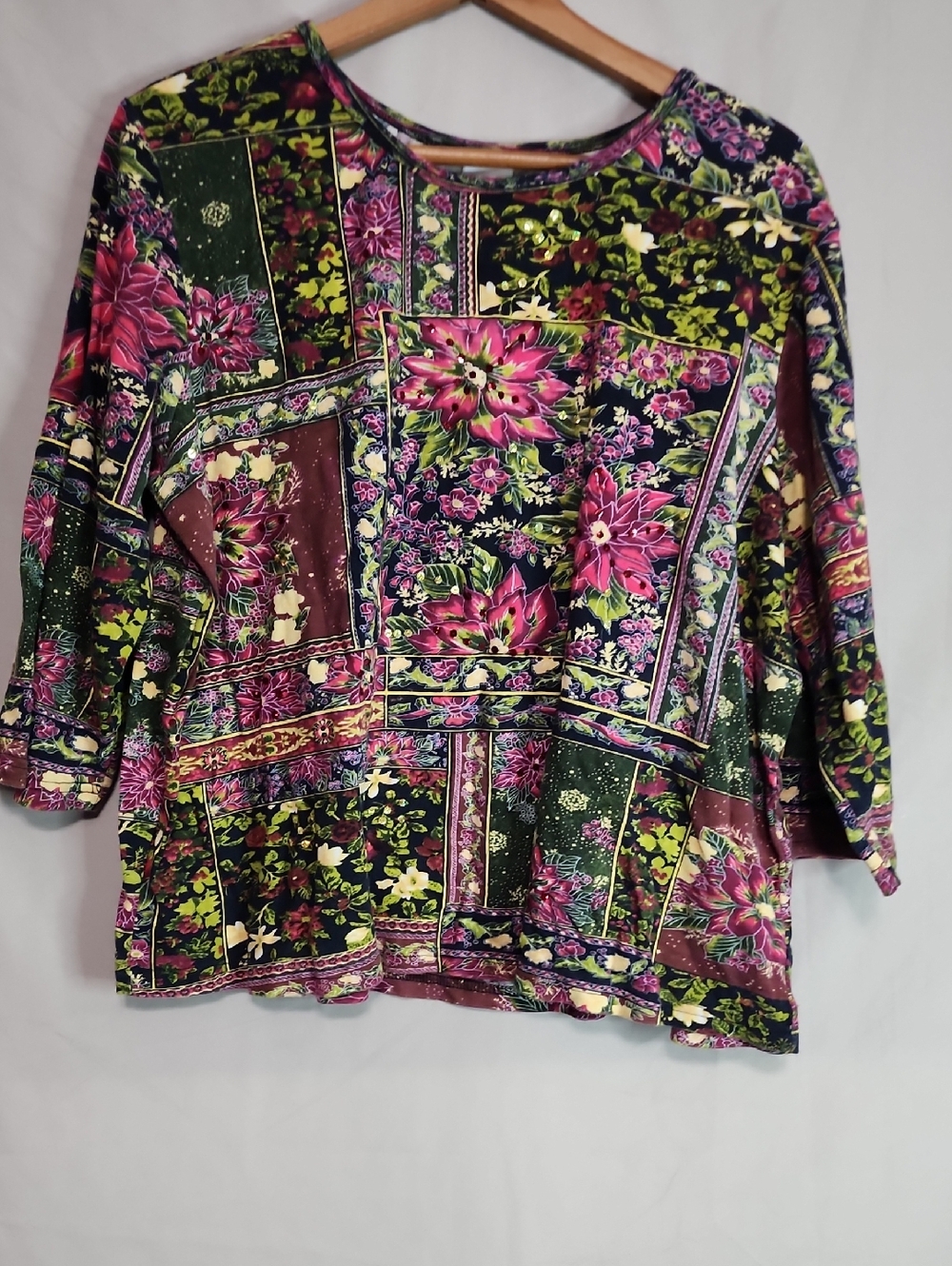 Blair Floral Patchwork Long Sleeve Top in Pink, Green, Black